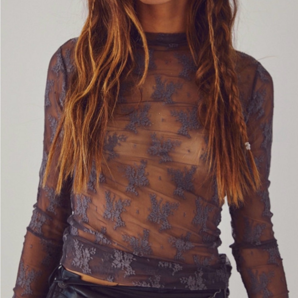 Free People Sheer Lace Blouse - Dark Gray